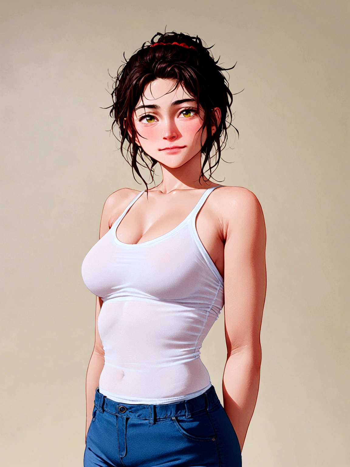 girl, no clothes, no underwear, nude, no pubic hair, large breasts, flat medium length hair, looking down at me, I am under her with my dildo in her vagina, cum dripping out of her genitals, cum dripping out of her vagina, she is smiling with pleasure
