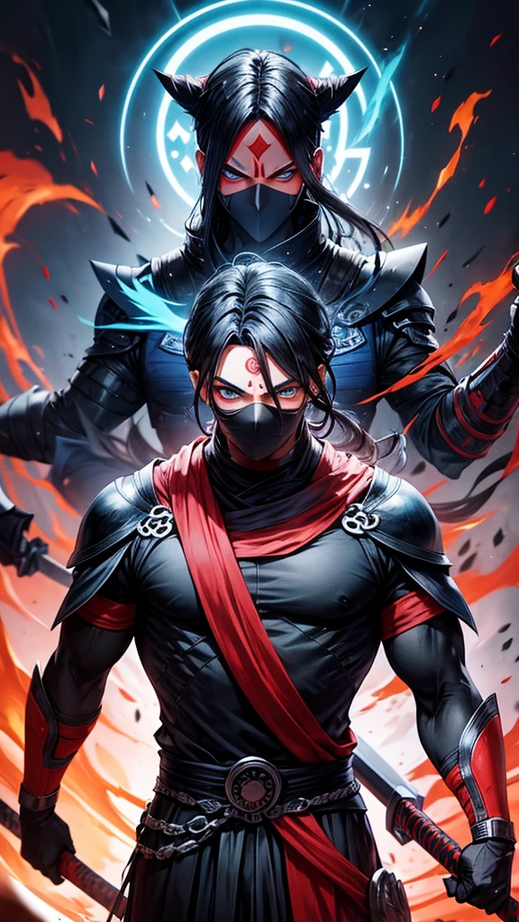 Aakashi has black hair straight, blue eyes . He wear Ninja like dress colour black and red , black mask on his face. Tow universal sword on back . 6 feet height.looking hot and sigma. He has All in one power. 