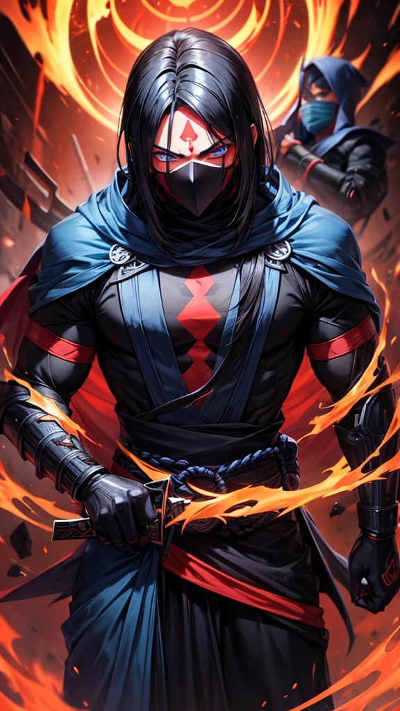 Aakashi has black hair straight, blue eyes . He wear Ninja like dress colour black and red , black mask on his face. Tow universal sword on back . 6 feet height.looking hot and sigma. He has All in one power.