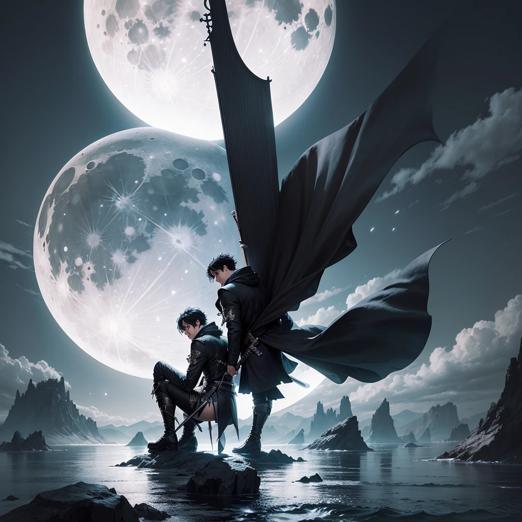 I want a character with black hair wearing a coat and crouching, leaning on his sword, floating on the water with a landscape of a large white moon and looking at the moon and the image is on his back
