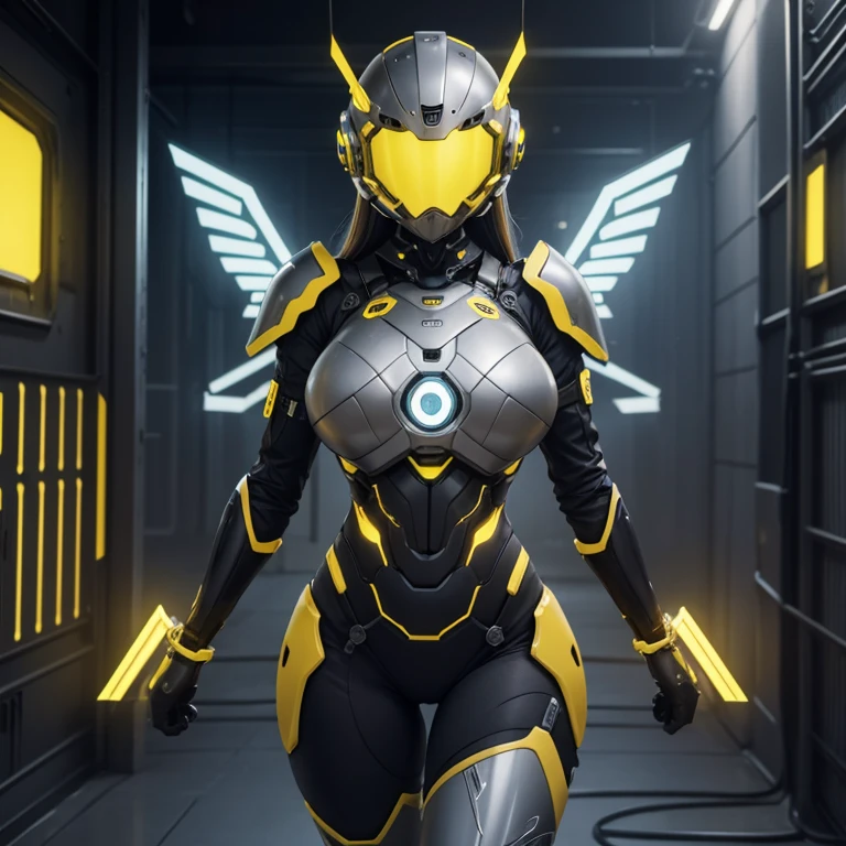 (masterpiece), (best quality), (high res) Solo, (perfect anatomy) Dronificated unknown woman , (enclosed gray full body armor), (yellow lights), (yellow circular glowing core in the chest), (enclosed cyber helmet), mechanical wings, (yellow screen), huge breast, narrow waist, wide hips, thick thighs, in a storage, (no face) no face, no hair, no mouth, no eyes, in a factory