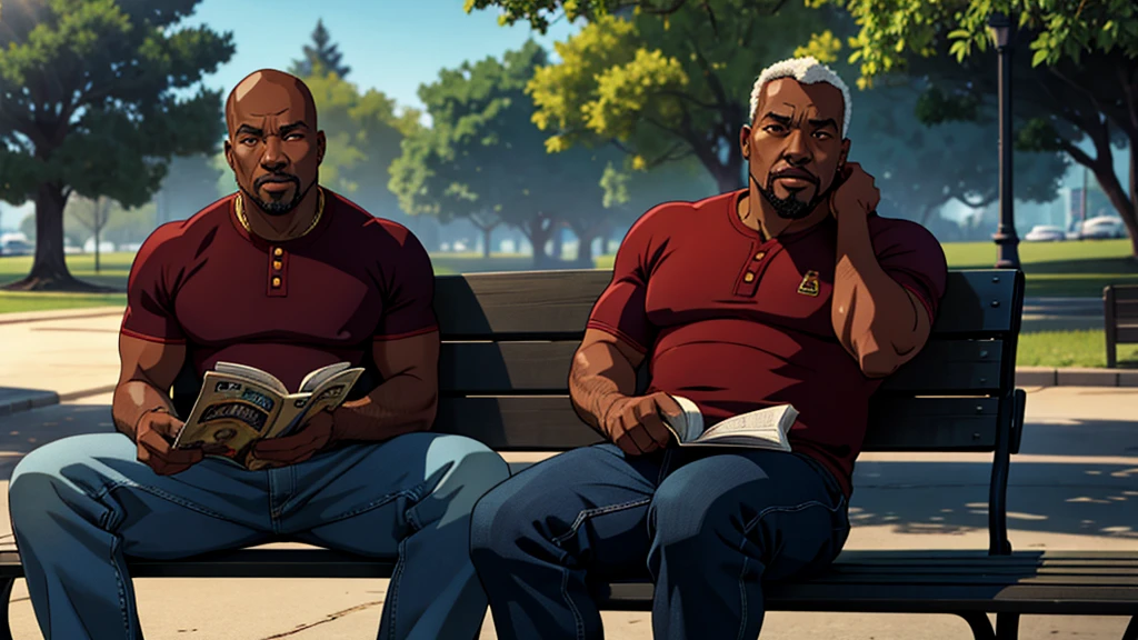 48 year old, african-american man, sitting on a park bench reading an erotic magazine, cinematic action, masterpiece, super detail, textured skin, atmospheric perspective,