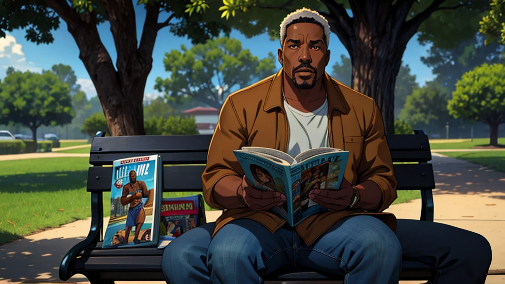 48 year old, african-american man, sitting on a park bench reading an erotic magazine, cinematic action, masterpiece, super detail, textured skin, atmospheric perspective,