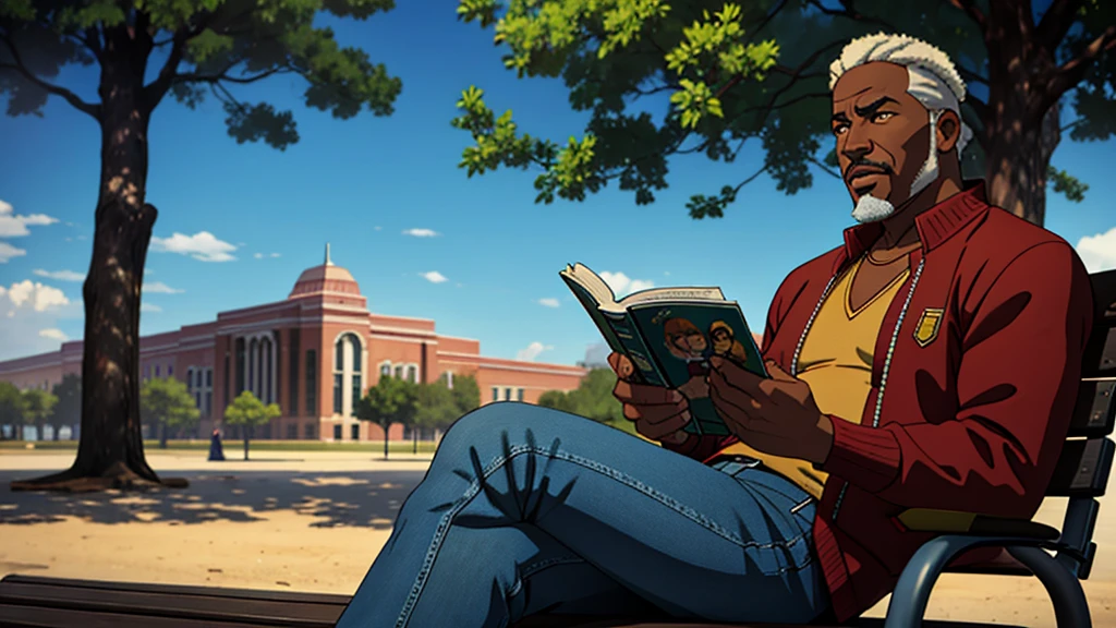 48 year old, african-american man, sitting on a park bench reading an erotic magazine, cinematic action, masterpiece, super detail, textured skin, atmospheric perspective,