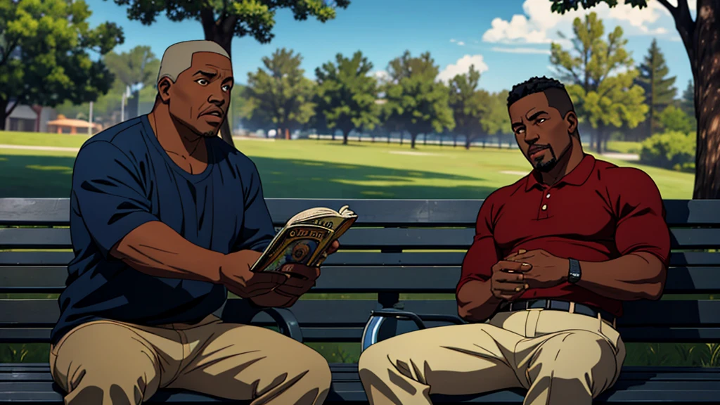 48 year old, african-american man, sitting on a park bench reading an erotic magazine, cinematic action, masterpiece, super detail, textured skin, atmospheric perspective,