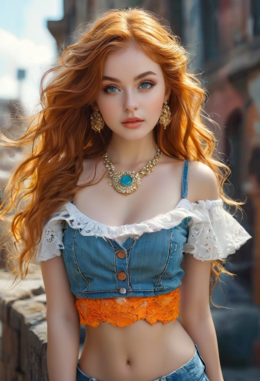 extremely beautiful model, 20 years old female, skandinavian, long bright orange hair, realistic, perky breasts, cleavage, crop top, ripped jeans, Midriff, Wide Smile, Eyes Detailed & Wide, Dynamic Pose. Hoop earing, arm bangles, headband scarf, Ultra HD, Rococo-Inspired Fantasy Art With Intricate Details. Cute, red lips, long lashes,Charming Expression, Alluring-Gaze, looking at viewer, Beautiful Eyes, An-Ideal-Figure. Large Youthful Well-Shaped-Breasts, Attractive ass showcased. Massive-Round-Bosom, Décolletage. Isla Fisher.