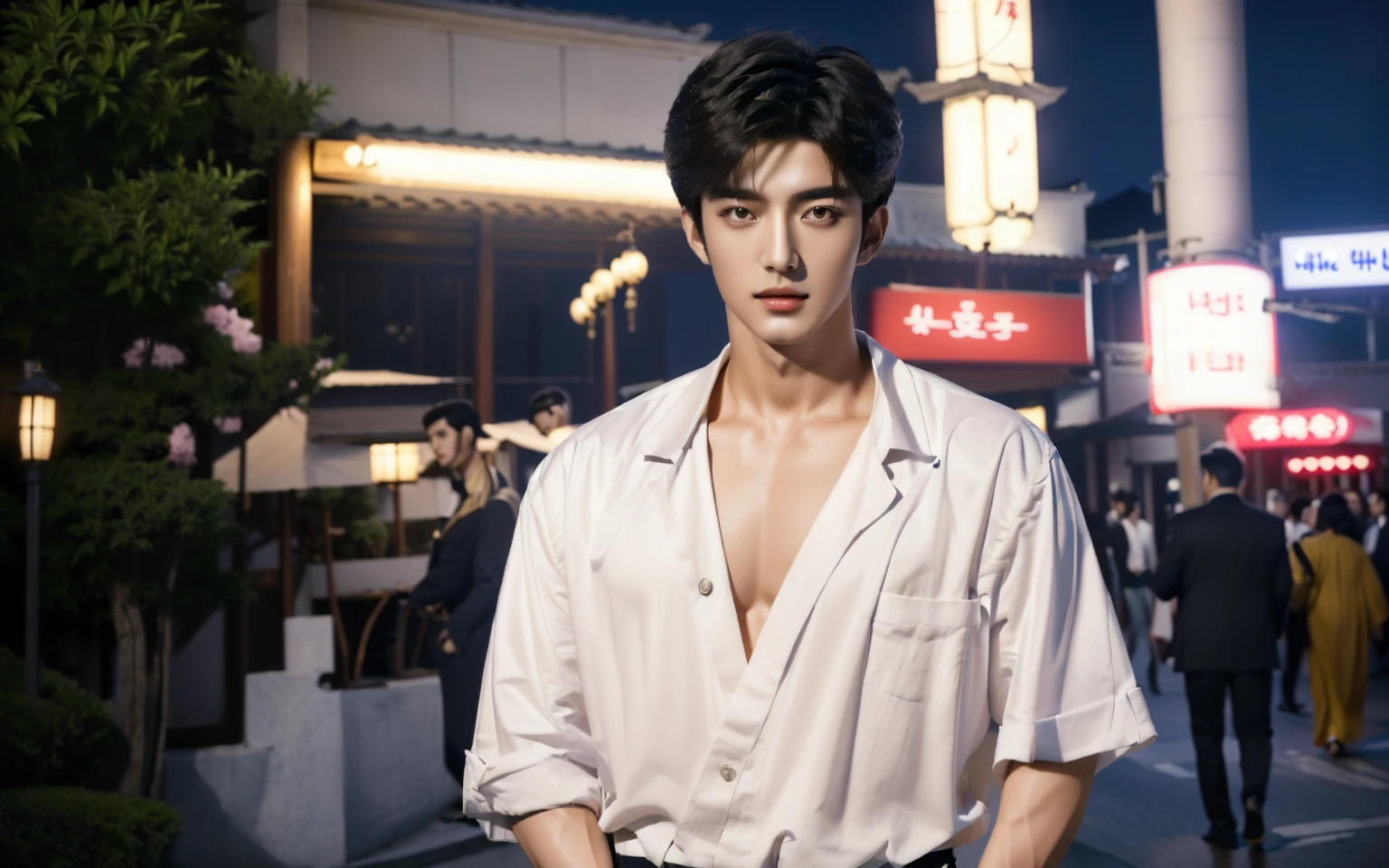 Alafid (Arafed) Asian man in white shirt standing on city sidewalk at night, 真人Stills, Kim Do-young, Young fair angel, Live-action movie scenes, Bat Ulzan, Handsome Japanese demon boy, Korean male, Inspired by Zhang Han, Stills, yanjun chengt, Movie. Leng Jun, Shin Jin Hye