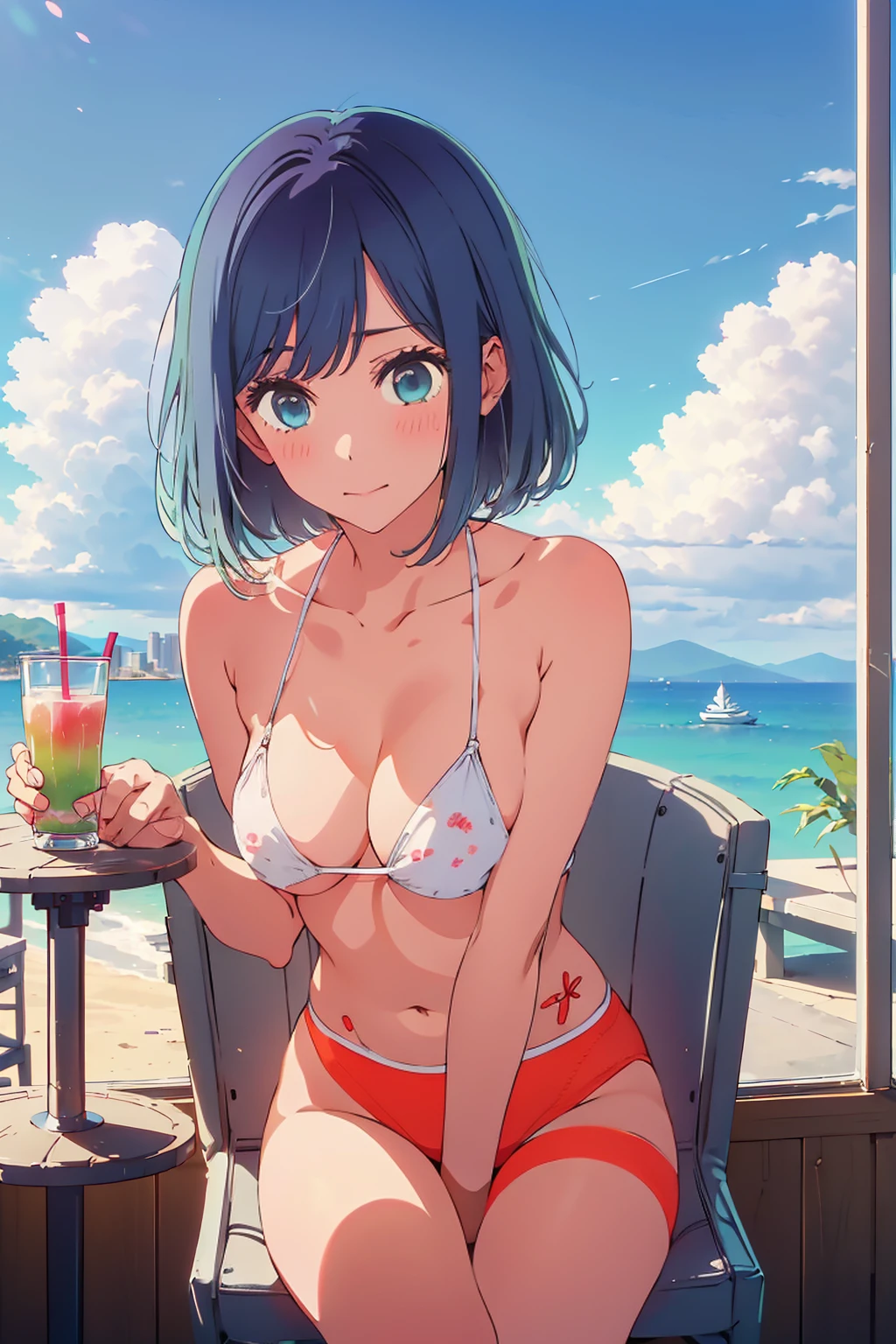 (Highest quality:1.4、8K:1.4、detailed)、F cup bust、Big Breasts、Slim body、Very white beautiful skin、((((1 person、Surprised expression、sit、Chair、In the background are the urban buildings of Tokyo、looking at the camera、Outdoor café terrace、coastal、Navy hair color、juice、Shooting up close、table、Very cute face))))、(Pose of putting hair behind ears with hands:1.4)、((Areola、nude))、bikini、Very blue sky、A completely cloudless sky