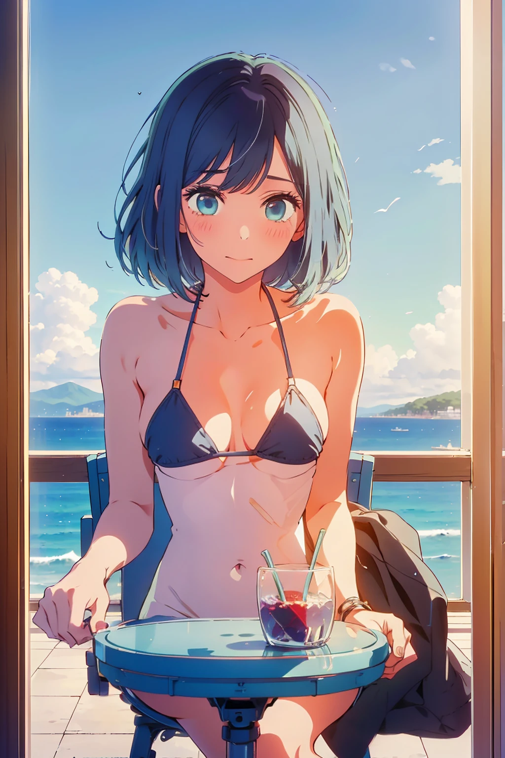 (Highest quality:1.4、8K:1.4、detailed)、F cup bust、Big Breasts、Slim body、Very white beautiful skin、((((1 person、Surprised expression、sit、Chair、In the background are the urban buildings of Tokyo、looking at the camera、Outdoor café terrace、coastal、Navy hair color、juice、Shooting up close、table、Very cute face))))、(Pose of putting hair behind ears with hands:1.4)、((Areola、nude))、bikini、Very blue sky、A completely cloudless sky