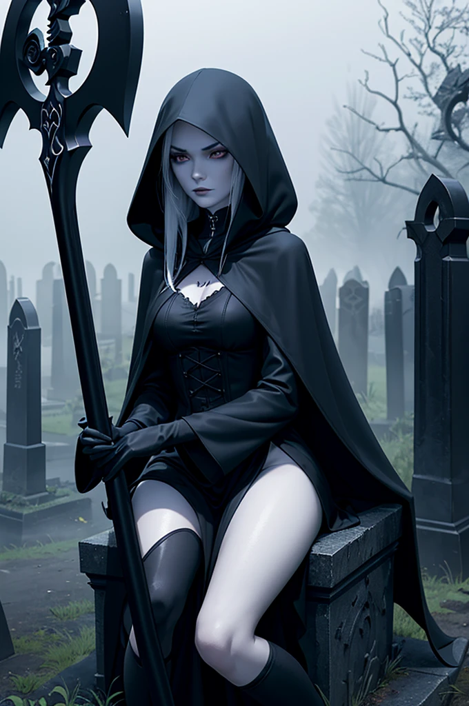 Grim Reaper girl, 20, pale skin, slender, wears black robe, hooded cloak, thigh-high stockings, long black hair, sitting on a tombstone in a misty enchanted graveyard, surrounded by eerie blue moonlight, holding a scythe, ominous, dark atmosphere, fantasy creatures lurking nearby. 3D render, photorealistic.