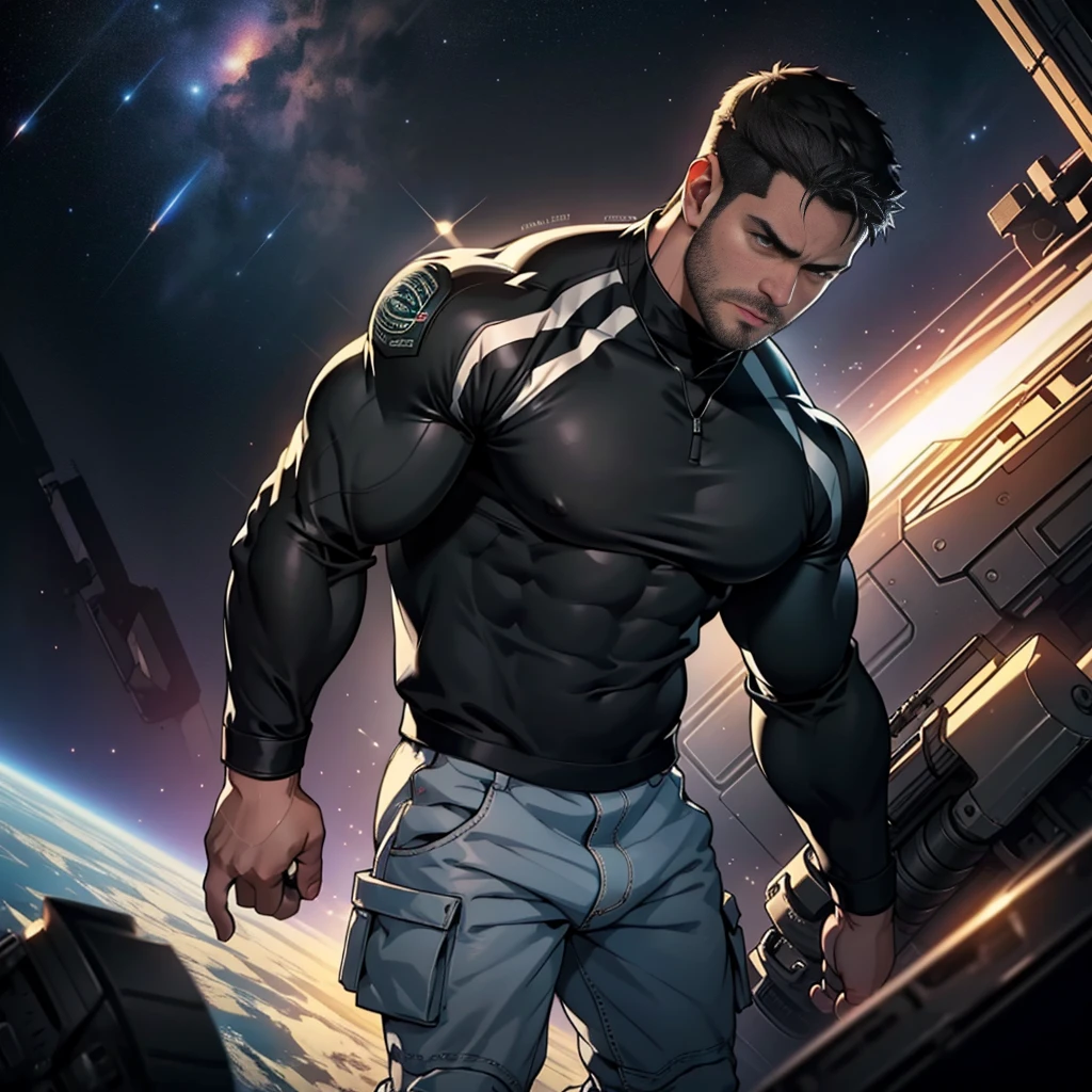 An award-winning original photo , Chris REDFIELD , A wild muscular man, (30 years old man:1.3), a black TOP , NAKED FROM WAIST DOWN , black hair, (big shoulder), muscular, hunk,  stubbles, Short beard, SHOWING HIS ERECTED COCK, MASTURBATING . LOOKING AT THE CAMERA  (Detailed face:1.3), (beautiful eyes:1.2), really angry, Dynamic Angle, volumetric lighting, (Best quality, A high resolution, Photorealistic), Cinematic lighting, Masterpiece, RAW photo, Intricate details, hdr, depth of field, full body shot, in space background