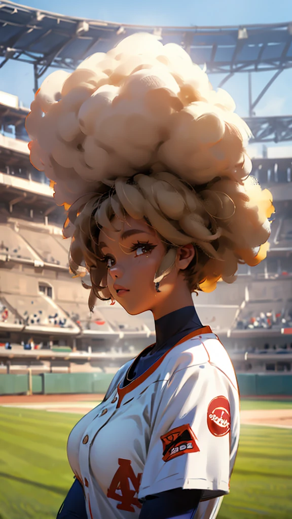 Baseball uniform、Upper Body、Afro-American、Girl、Tan Skin、Large Breasts、Stadium。