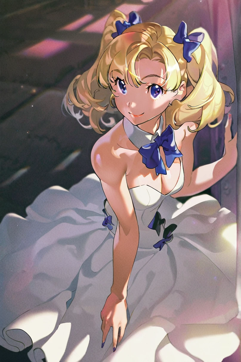 by yoneyama mai by James Gilleard,(1girl,20 years old,mature female),blonde hair,long hair,white dress, sleeveless, bow tie,  shoulders,smile,,pantyhose,best lighting and shadow, amazing quality, very beautiful color, delicate face, cinematic lighting, by sage joh