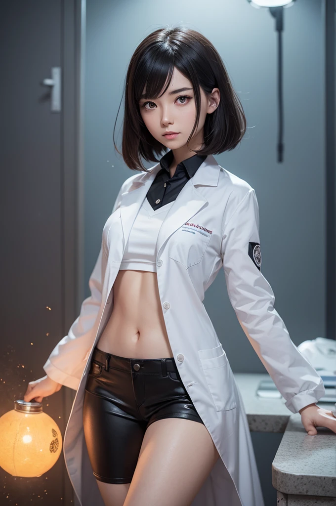 Create a female scientist character for dr anime. Stone with short dark hair, amber eyes. 