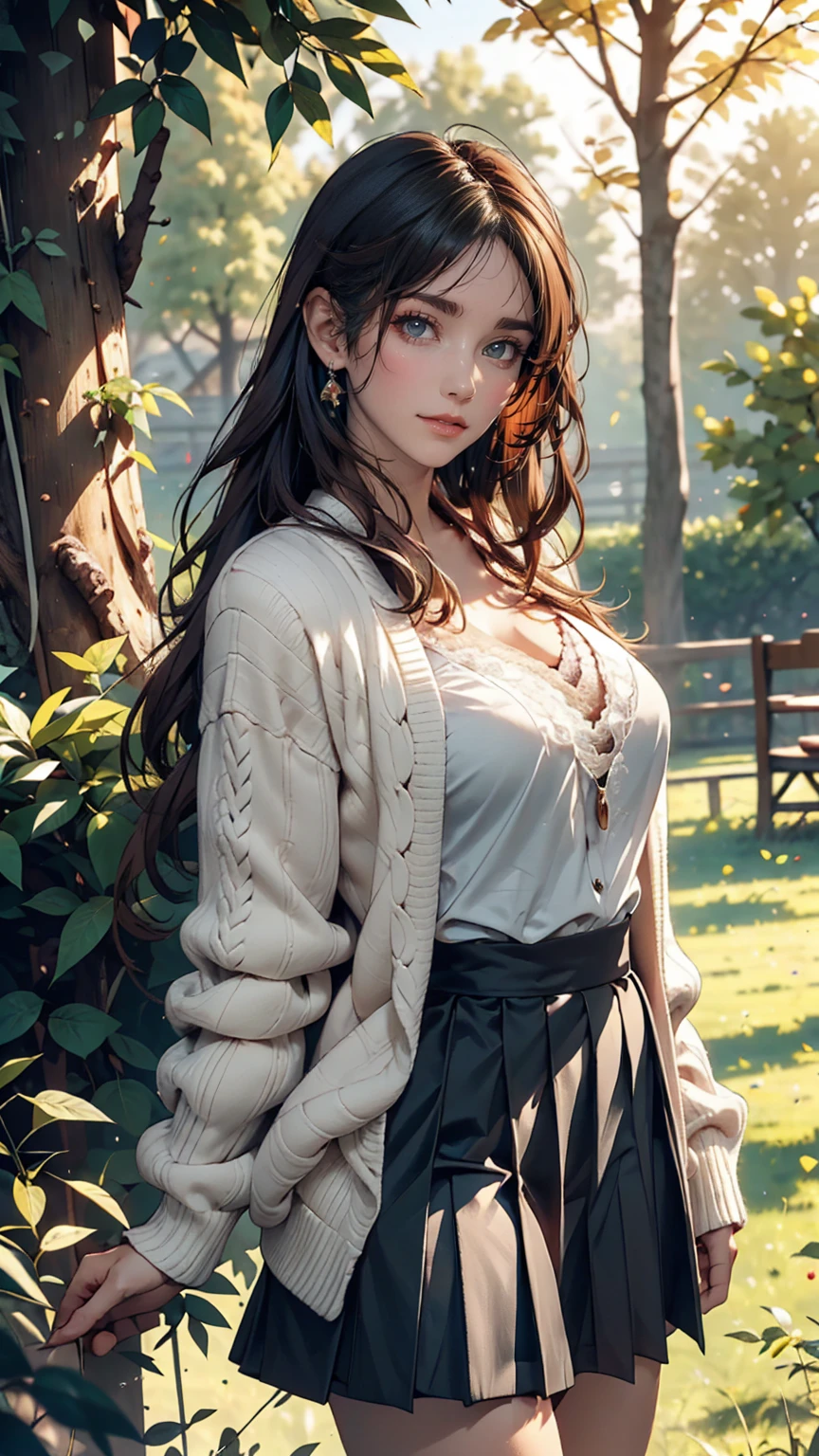grassland, Field pasture, A few trees in the distance, Variegated light and shadow, beautiful, masterpiece、24 year old Caucasian female、Sexy proportions、Sexy、Wear a high-necked dress decorated with lace、Put on a lace cardigan、Wear a long pleated skirt、Wear mules、Lady atmosphere、A gentle smile