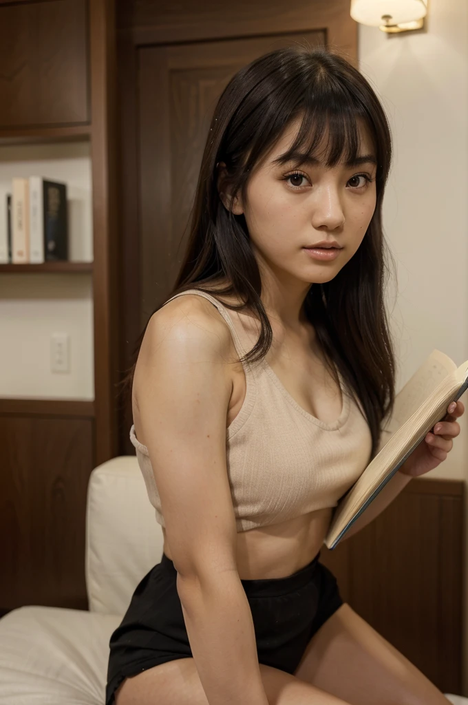 full body shot of a young girl with a black top and a black dress reading books, beautiful japanese girls face, japanese model, girl cute-fine-face, japanese  features, by Tadashi Nakayama, young cute wan asian face, dark brown medium hair with bangs,, portrait of a japanese teen, extremely beautiful face, beautiful round eyes, symmetric eyes , focus on face, whole body facing at the camera directly, by Torii Kiyomoto, beautiful delicate face, chiho, lovely delicate face break, full body, long leg, masterpiece, best quality, hyper-detailed, ultra-detailed, 8k, highres, high-resolution, realistic, photorealistic, realistic details, intricate detail, break, 