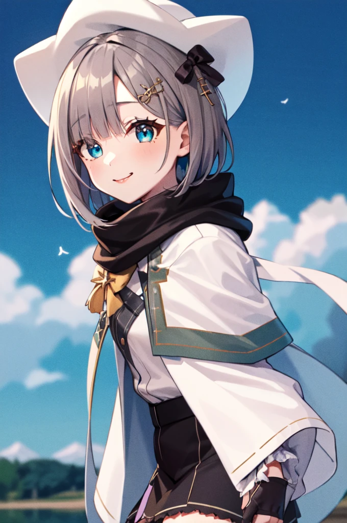 (masterpiece, Highest quality:1.2), Cowboy Shot, alone, One girl, Sumire Kaga, Virtual YouTuber, smile, Mouth closed, View your viewers, short hair, hair ornaments, White Hat, shirt, Capelet, scarf