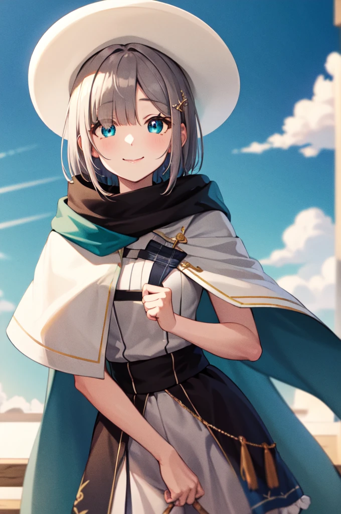 (masterpiece, Highest quality:1.2), Cowboy Shot, alone, One girl, Sumire Kaga, Virtual YouTuber, smile, Mouth closed, View your viewers, short hair, hair ornaments, White Hat, shirt, Capelet, scarf