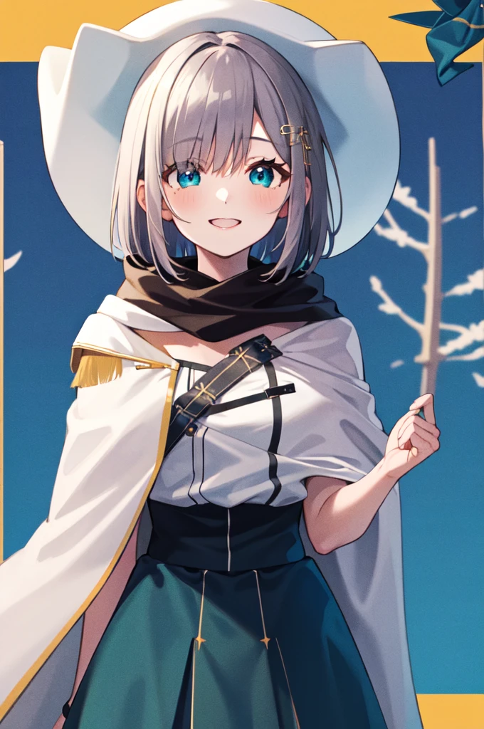 (masterpiece, Highest quality:1.2), Cowboy Shot, alone, One girl, Sumire Kaga, Virtual YouTuber, smile, Mouth closed, View your viewers, short hair, hair ornaments, White Hat, shirt, Capelet, scarf