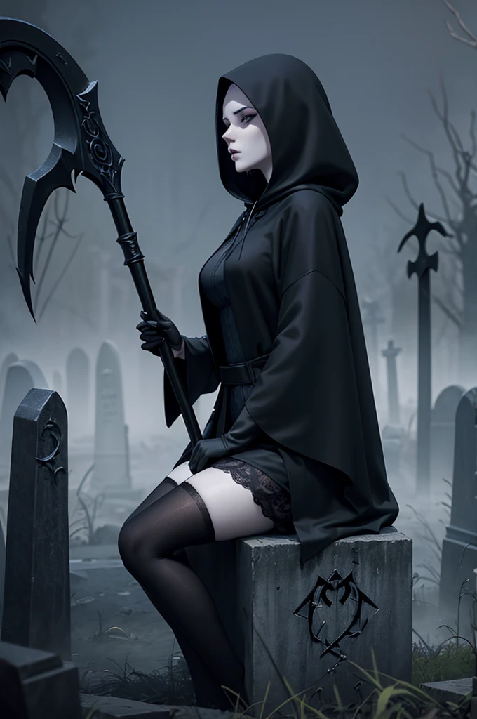 Grim Reaper girl, 20, pale skin, curvy, wears black robe, hooded cloak, thigh-high stockings, long black hair, sitting on a tombstone in a misty enchanted graveyard, surrounded by eerie blue moonlight, holding a scythe, ominous, dark atmosphere, fantasy creatures lurking nearby. 3D render, photorealistic.