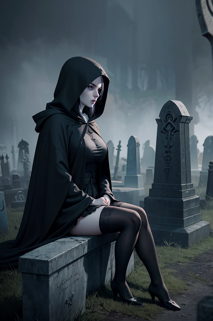 Grim Reaper girl, 20, pale skin, curvy, wears black robe, hooded cloak, thigh-high stockings, long black hair, sitting on a tombstone in a misty enchanted graveyard, surrounded by eerie blue moonlight, holding a scythe, ominous, dark atmosphere, fantasy creatures lurking nearby. 3D render, photorealistic.