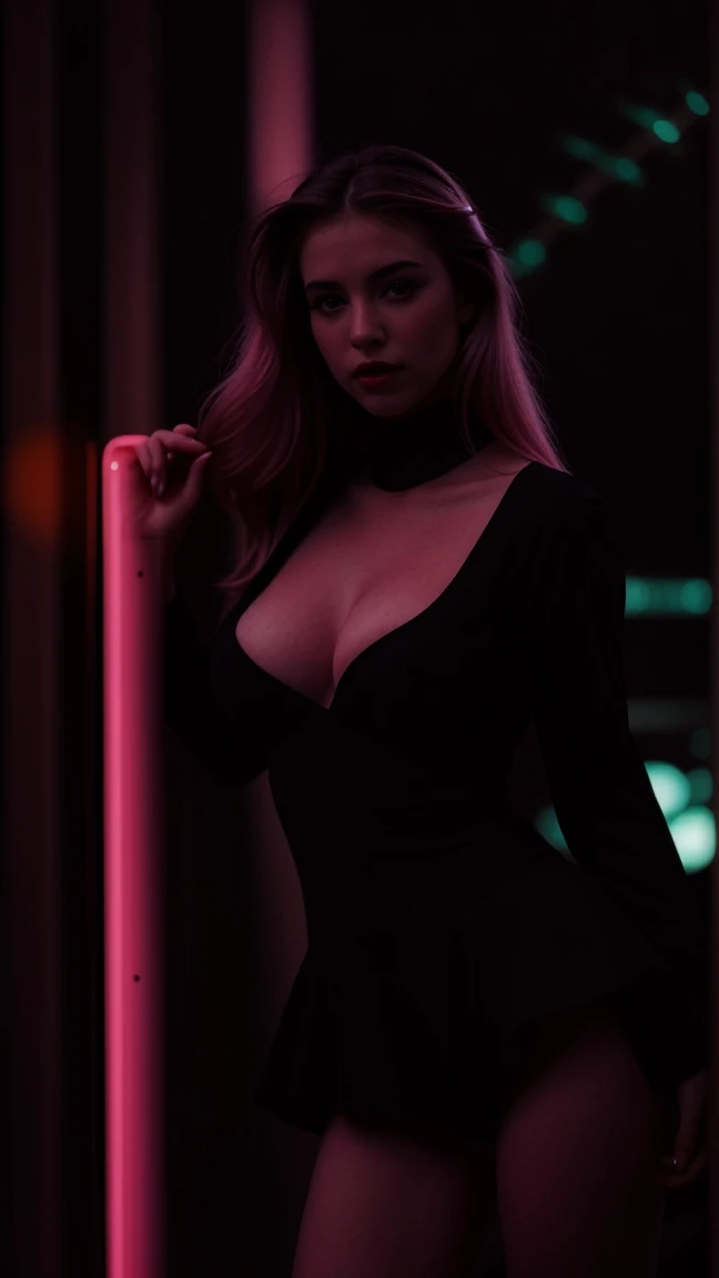 Fine art photograph of a blonde curvy girl (very busty, very pale skin(porcelain skin), in a dark forest, the blonde woman dressed in lack attire, stands amidst of ancient tree(their branches reaching, towards the sky). Her hands are holding(and touching)the glowing(Strong Neon-lights)-heart of the forest. Strong neon-lights illuminates her face(highlighting her pink-eyes. and bold pink-lips(heart-shaping lips)). Smirk face-expression. A subtle haze and a soft focus in the background. (((the image is in (Glowing Neon-lights colors, accent in black)colors theme)))
