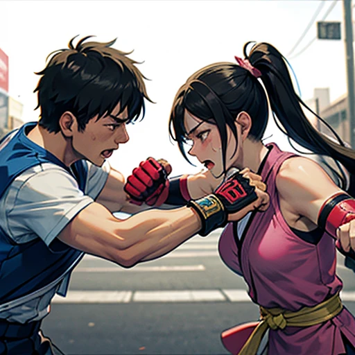 Two men and women fighting。In a street fight、A female street fighter is crying after being repeatedly punched by a man。A man&#39;s fist hits a woman in the face。The woman is covered in bruises、Bloody。shortness of breath。Frightened expression。Running out of energy。Sweaty。Short black hair。Open Finger Gloves。Upper body naked。Denim shorts。Erect nipples。One eye closed。Leaning back。