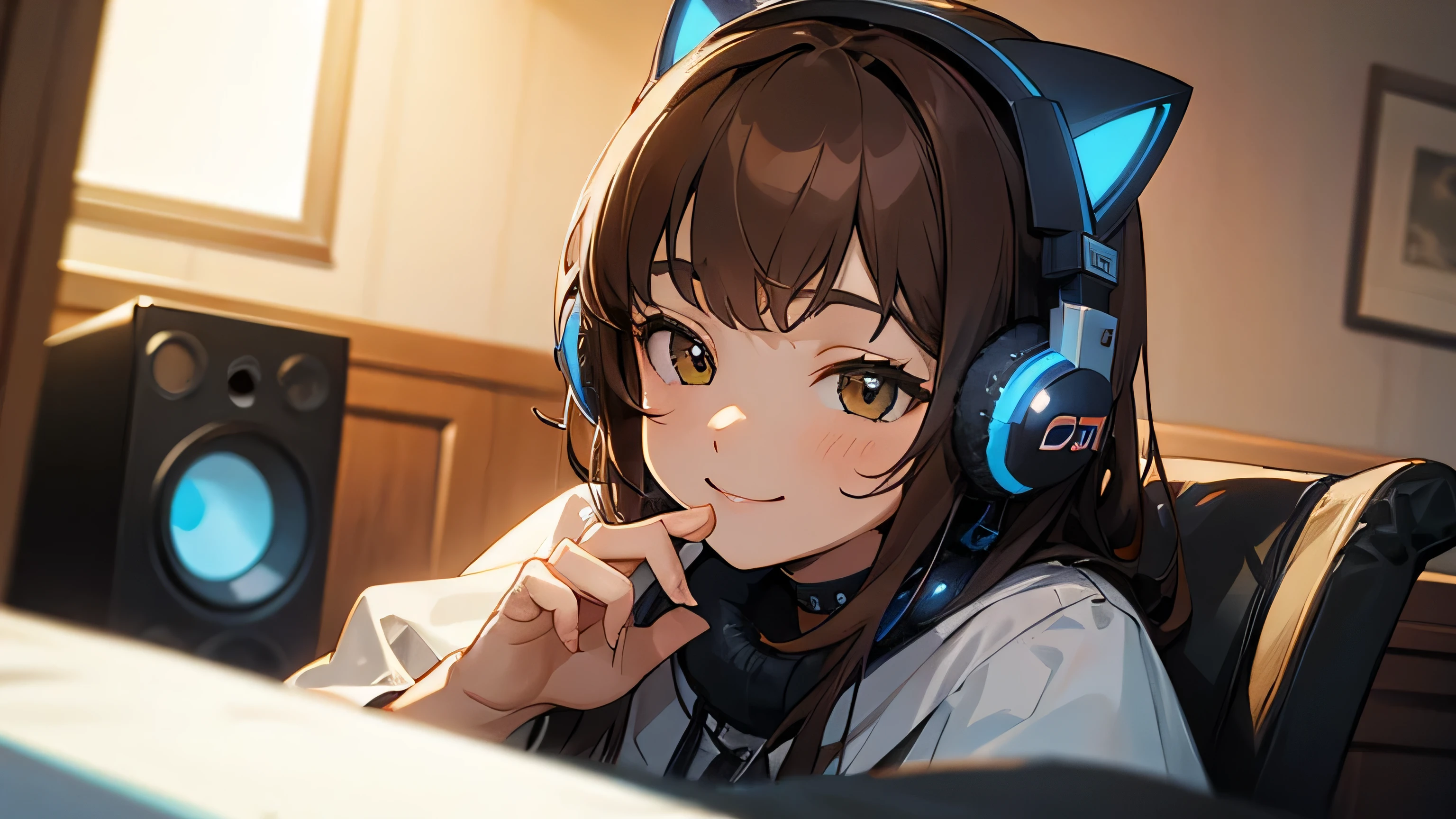 Room with speakers、Cat with headphones、Face close-up、night、Brown Hair、smile、Sitting in a chair