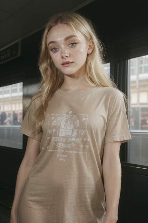 epiC35mm, medium shot of a young woman, with the features of (Sophie Mudd), (Dakota Fanning), (Ashley Greene),(dirty blonde hair,(perfect face), without makeup, slim body, lean build, narrow shoulders, traveller ready for the journey waiting on the train station, detailed sharp, flash photo, oversized graphic T-shirt dress, no pants, close up, kissing a guy