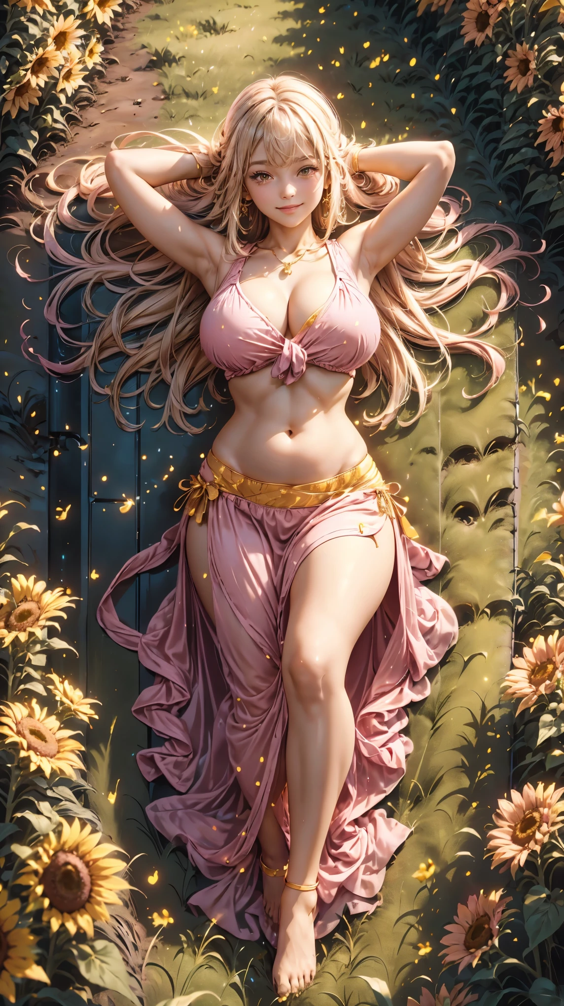 a woman in a pink dress laying in a field of sunflowers, smiley face smile on face, huge breasts, hot body curves, gracefully belly dancing pose, angel doing yoga in temple, photo of slim girl, beautiful woman body, photo of slim girl model, super model, style of beautiful body, yoga meditation pose, movie stills, beautiful fashion model body