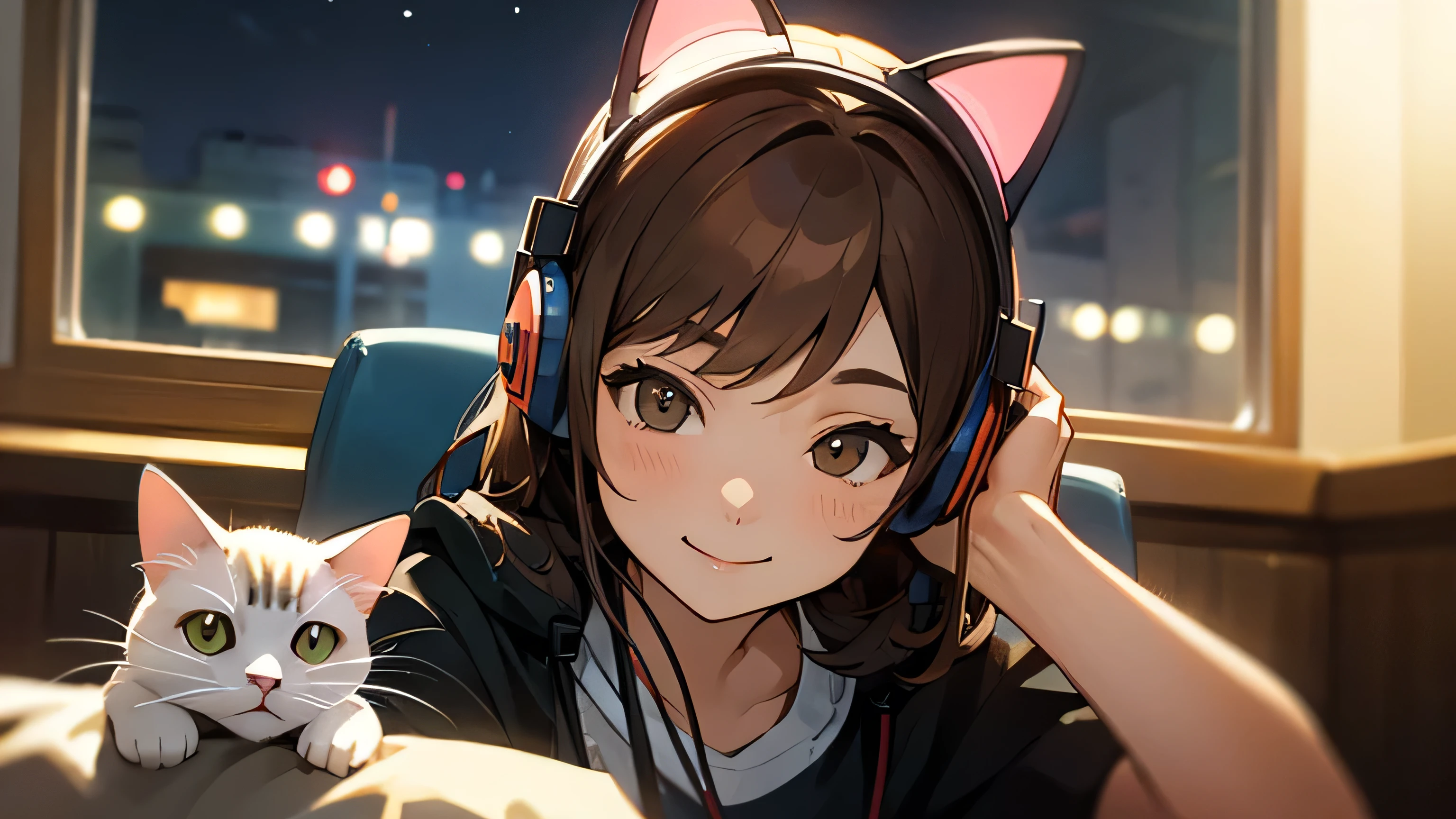 Room with speakers、Cat with headphones、Face close-up、night、Brown Hair、smile、Sitting in a chair