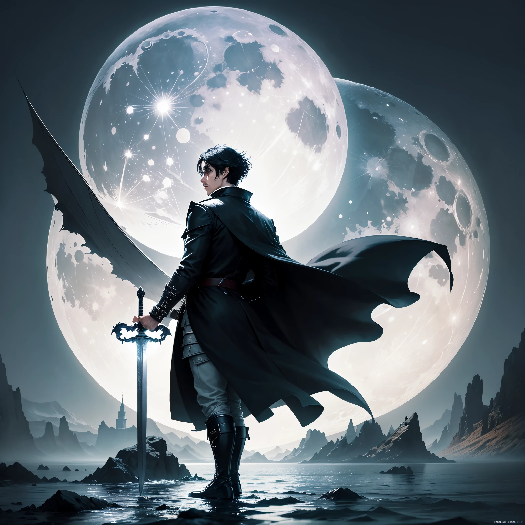 I want a character with black hair wearing a coat and crouching, leaning on his sword, floating on the water with a landscape of a large white moon and looking at the moon and the image is on his back 