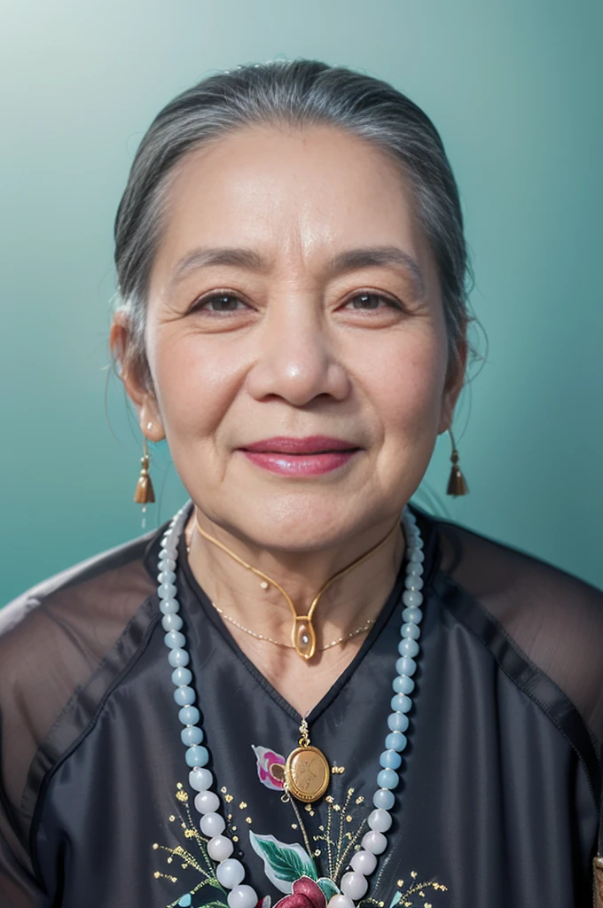 Highly realistic photo, ((masterpiece), (best quality), (raw photo), (photorealistic:1.4), Portrait of a 85 year old Vietnamese woman, wearing a black traditional Vietnamese aodai and a black scarf on her head, ((gray hair)), wear a stone necklace, (light blue background) , photo taken by Sony A7IV
