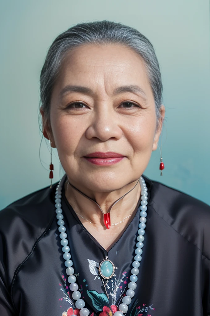 Highly realistic photo, ((masterpiece), (best quality), (raw photo), (photorealistic:1.4), Portrait of a 85 year old Vietnamese woman, wearing a black traditional Vietnamese aodai and a black scarf on her head, ((gray hair)), wear a stone necklace, (light blue background) , photo taken by Sony A7IV
