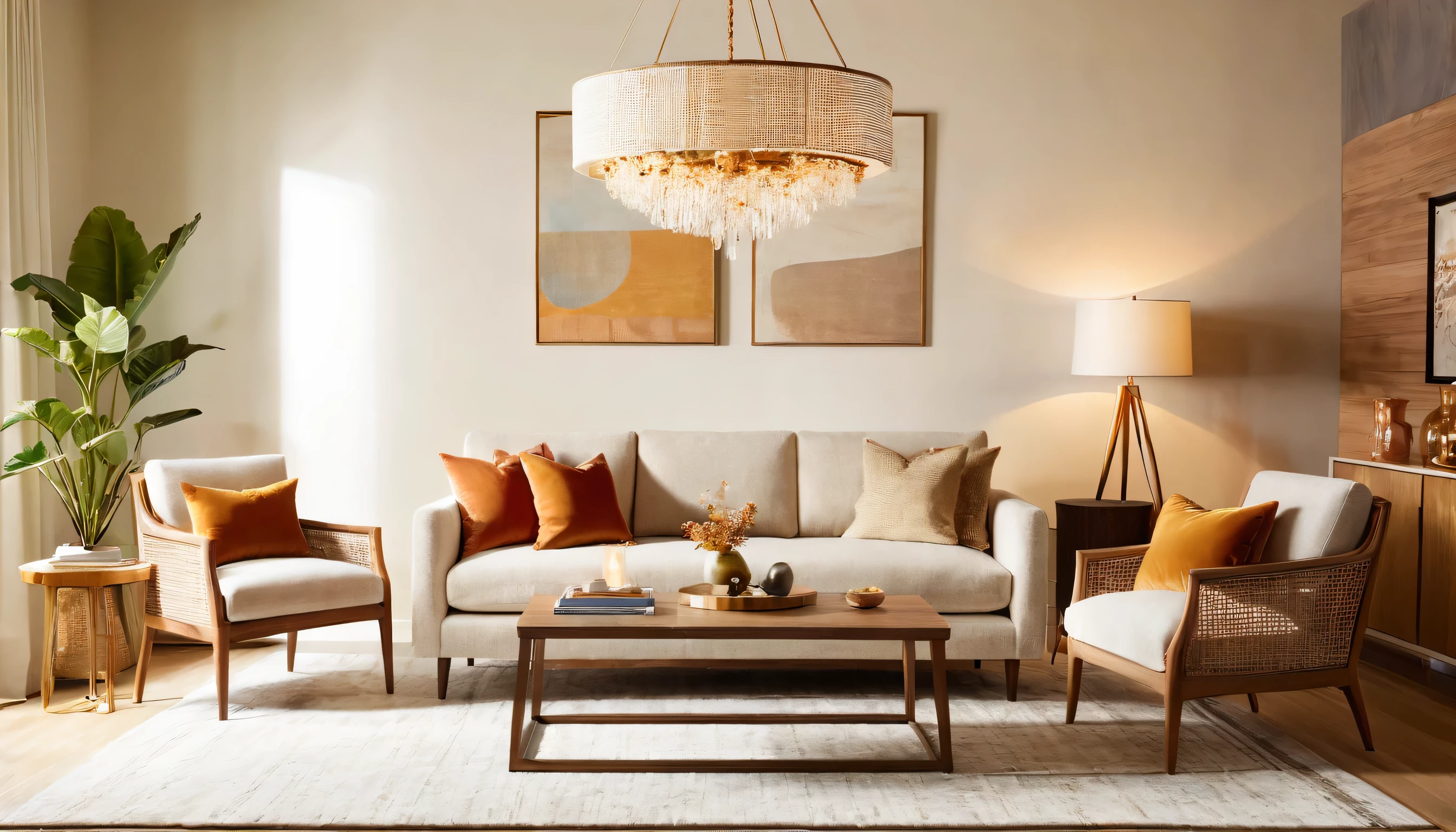 a three-seater sofa,capet,end table,west elm chandelier,armchair,residential interior design project with modrtn organic style,interior decor,crrisp lines,neutral colors,natural textures,backdrop of simplicity,aesthetic,bright environment,realistic,V-RayRenderer,superior quality