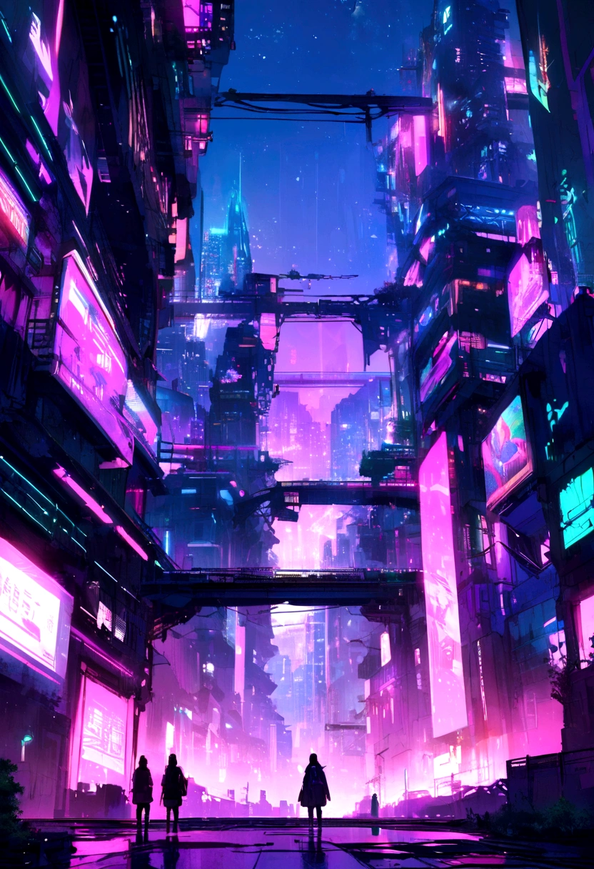 (Raw work) Cyberpunk-inspired city, Illuminated sky, Neon Light, Image seen from zero, Wide landscape, Future City