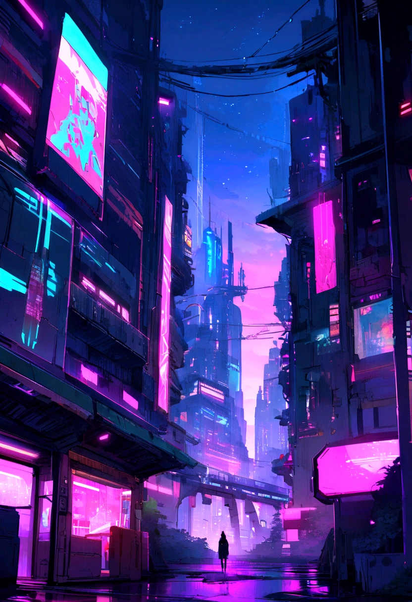 (Raw work) Cyberpunk-inspired city, Illuminated sky, Neon Light, Image seen from zero, Wide landscape, Future City