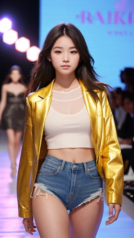 Girl walking down the runway at a fashion show, Sensational fashion, (High resolution:1.3), (16K, Realistic, RAW Photos, Best image quality: 1.4), Japanese, (One Girl), Beautiful Face, (A vivid face), Realistic eyes, Beautiful and detailed, (Realistic Skin), Beautiful skins, charm, 超High resolution, Surreal, High detail, Golden Ratio, Highly detailed cute girl,(18-year-old)