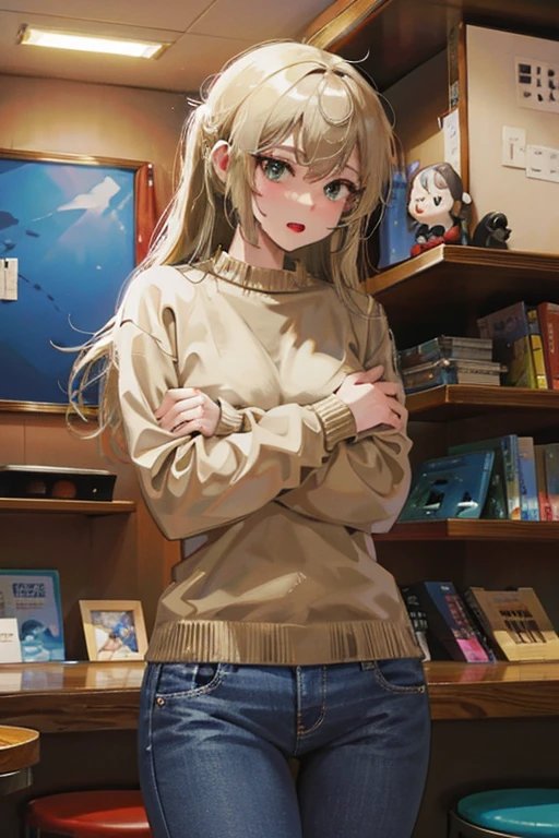 She is wearing a jeans short