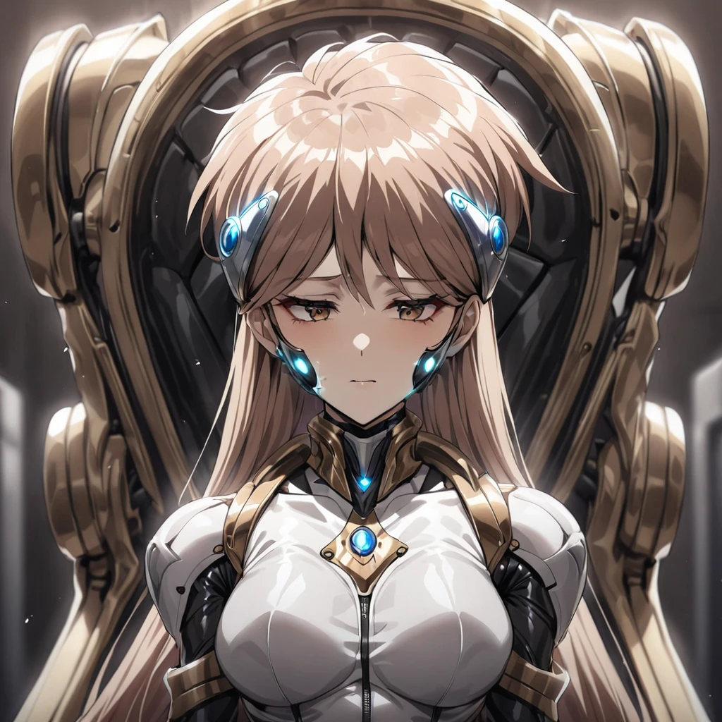 ((Highest quality)), ((masterpiece)), (detailed), (Perfect Face)、The woman is Princess Leona, with light brown, medium-long hair.々He was restrained by being made to wear a shiny body suit connected to various cords and machines, and made to sit in a mechanical chair-type brainwashing device that was bigger than his height.々They are connected to a device that has brainwashed and modified them.、The woman is being brainwashed with a blank look on her face as she is treated with a brainwashing device.