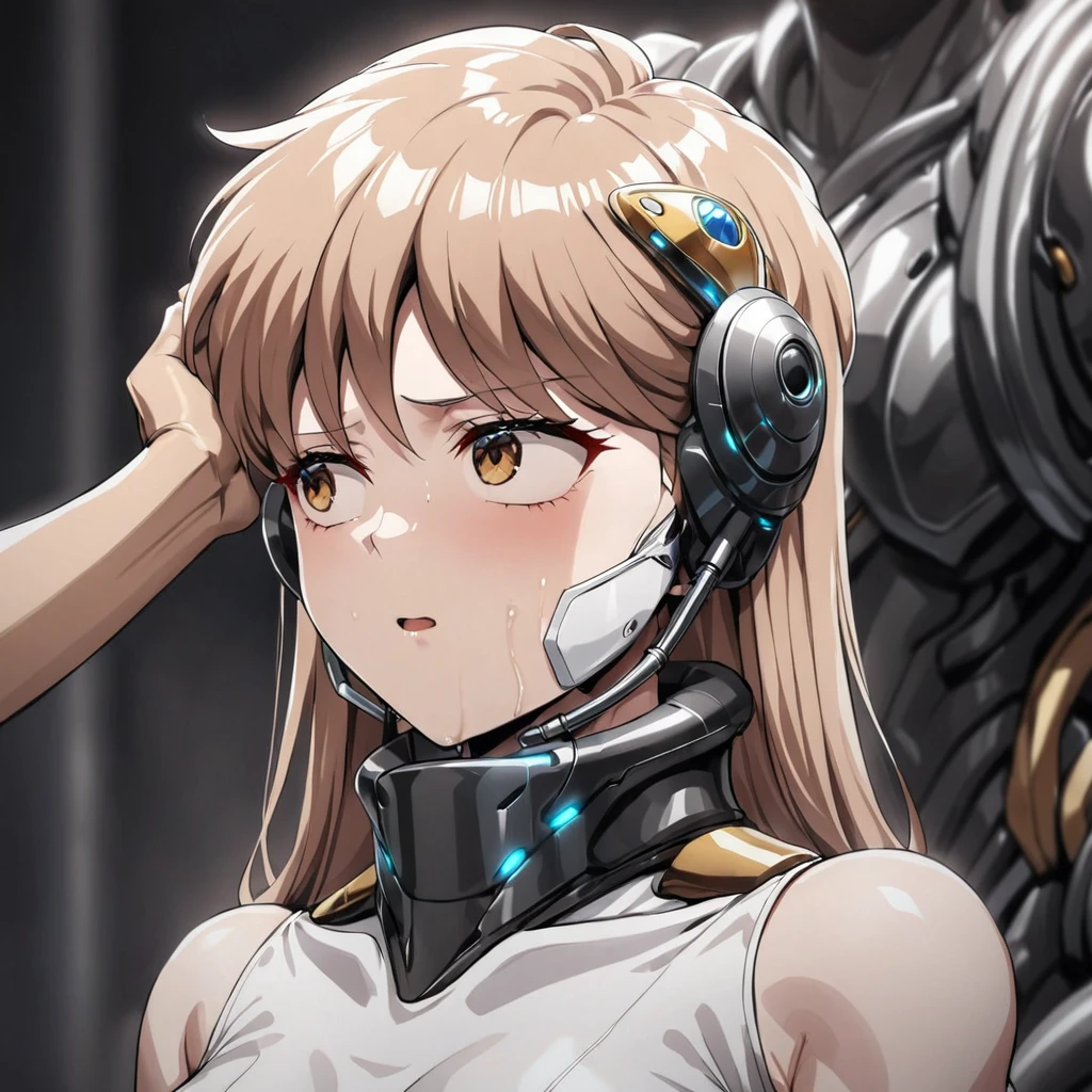 ((Highest quality)), ((masterpiece)), (detailed), （Perfect Face）、The woman is Princess Leona, with light brown, medium-long hair.々He was restrained by being made to wear a shiny body suit connected to various cords and machines, and made to sit in a mechanical chair-type brainwashing device that was bigger than his height.々They are connected to a device that has brainwashed and modified them.、The woman is being brainwashed with a blank look on her face as she is treated with a brainwashing device.