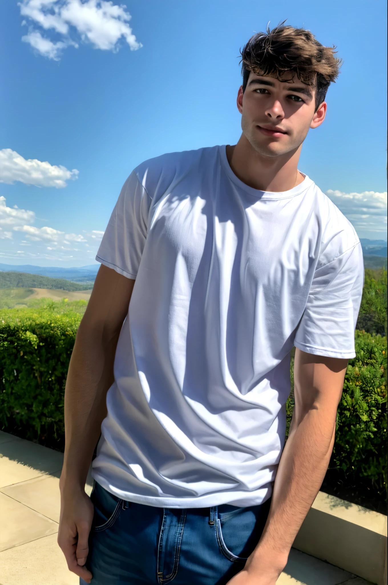 a handsome boy, masculine, realistic, upper_body, (masterpiece, best quality:1.2), darelljones, elegant pose, white shirt, blue jeans, outdoors, natural light,, (masterpiece,best quality:1.5)