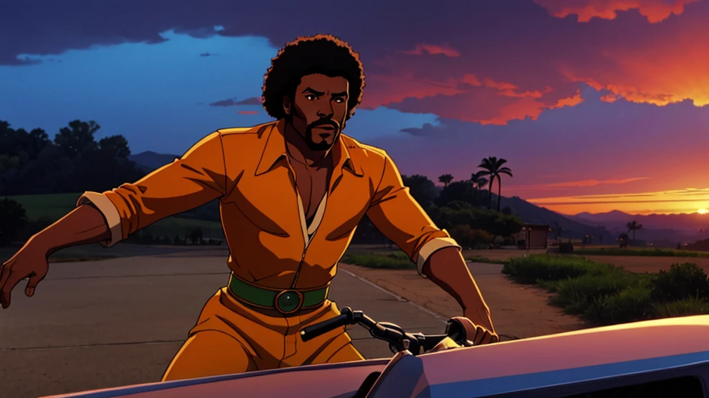 1970s photo of an african-american man wearing 1970s attire, he is telling beautiful women to leave him alone, cinematic action, atmospheric perspective 