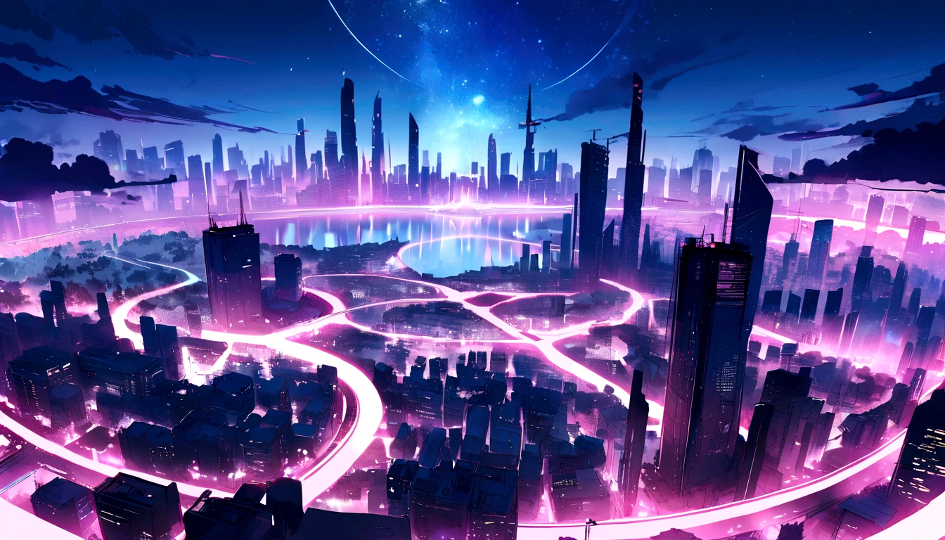 (Raw work) Cyberpunk-inspired city, Illuminated sky, Neon Light, Image seen from zero, Wide landscape, Future City