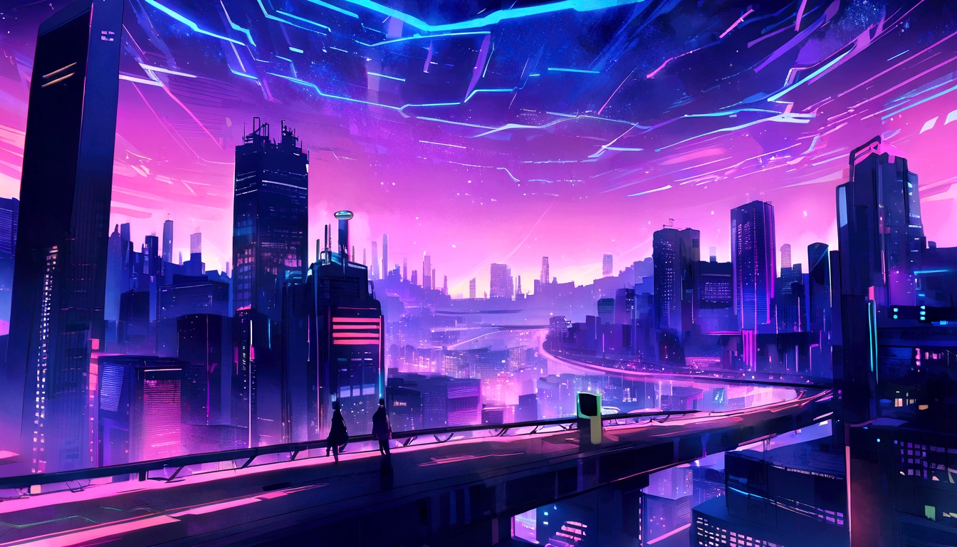 (Raw work) Cyberpunk-inspired city, Illuminated sky, Neon Light, Image seen from zero, Wide landscape, Future City