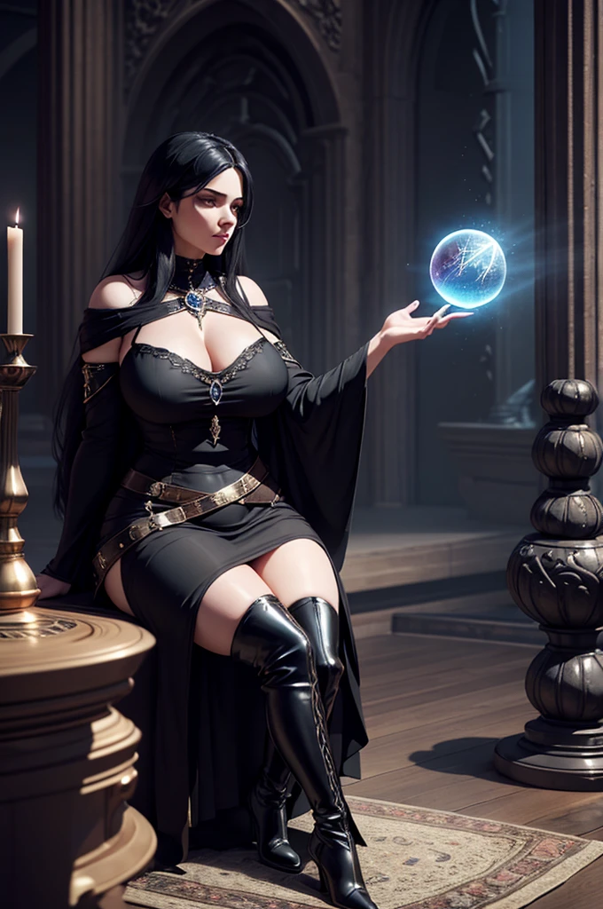 Curvy sorceress with long raven hair, wearing a flowing black dress and thigh-high boots, sitting on a crystal ball in a dark tower, surrounded by ancient grimoires and mystical artifacts, magical atmosphere, 3D render, photorealistic.