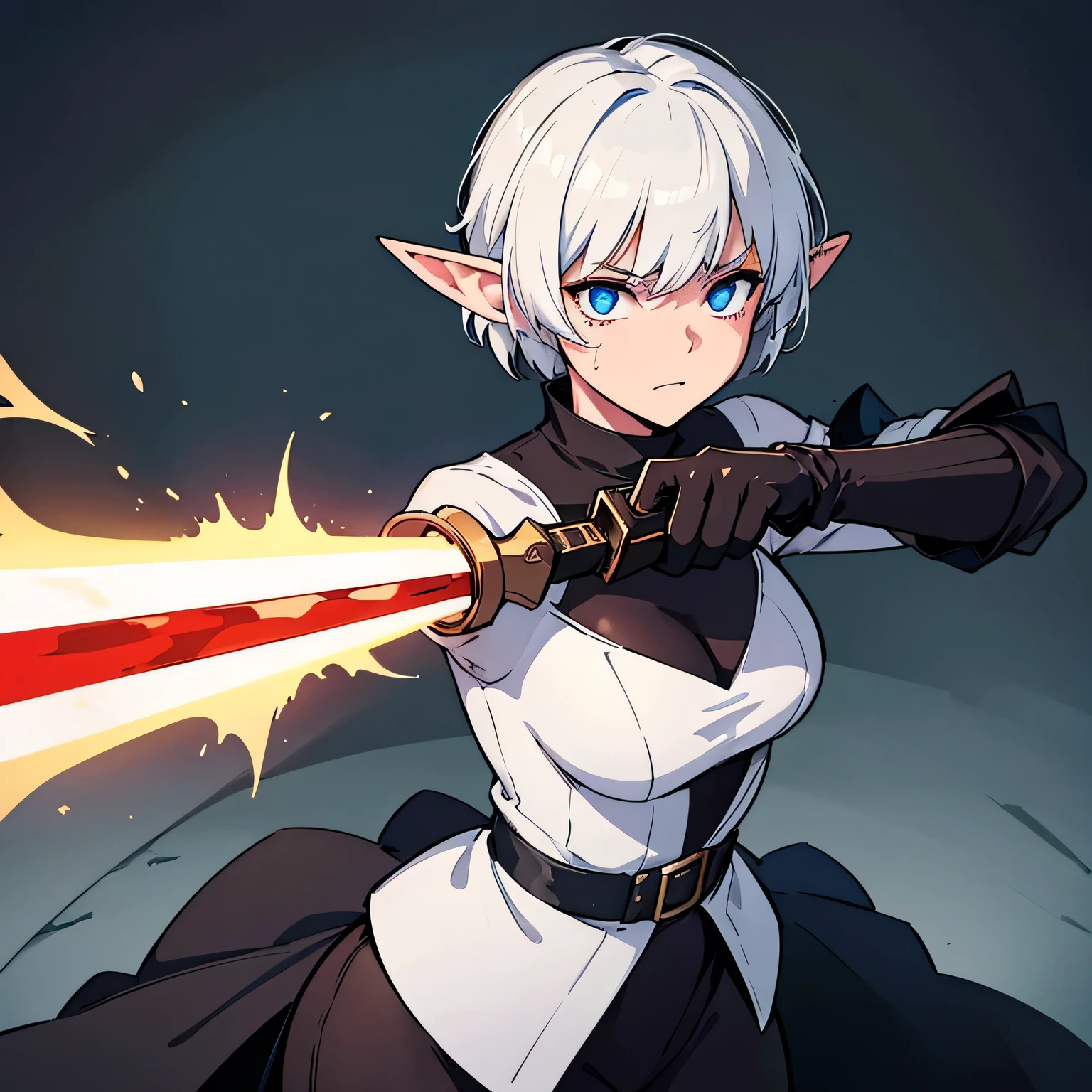 High quality, 4k, hd, white short hair, female, holding a gun with rounds, glowing blue eyes, black monk robe outfit, masterpiece, grim background, 1 girl, blood drenched clothes, sword on her back, steam coming out of eyes, elf ears, in hell background, all white gloves, crying blood