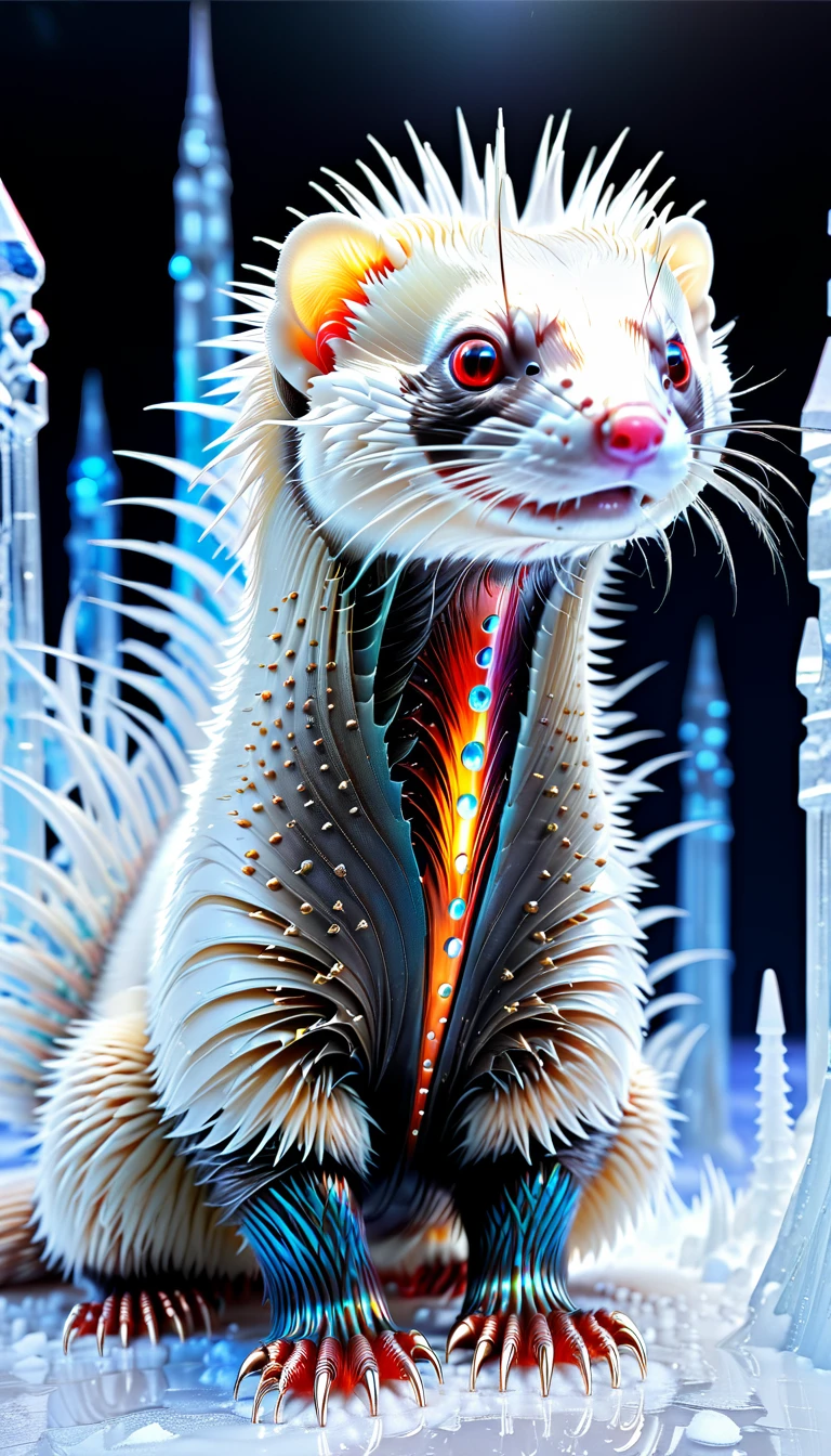 no human, reality-shot, realism, realistic photography of a ferret-like creature, spikes, multicolored shimmering feathers, weird, surreal, otherworldly, arctic ice palace with glistening towers, intricate details, ultra sharp, Exquisite detail, flawless composition, vivid colors, masterpiece, futuristic, metal adorning, glowing red inside, hollow inside, glossy, ray tracing