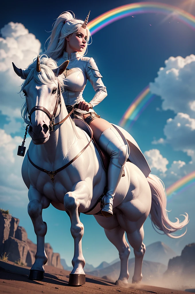 Curvy girl riding a white unicorn, wearing a leather outfit and thigh-high boots, galloping through a rainbow-filled landscape, surrounded by mystical creatures, adventurous atmosphere, 3D render, photorealistic.
