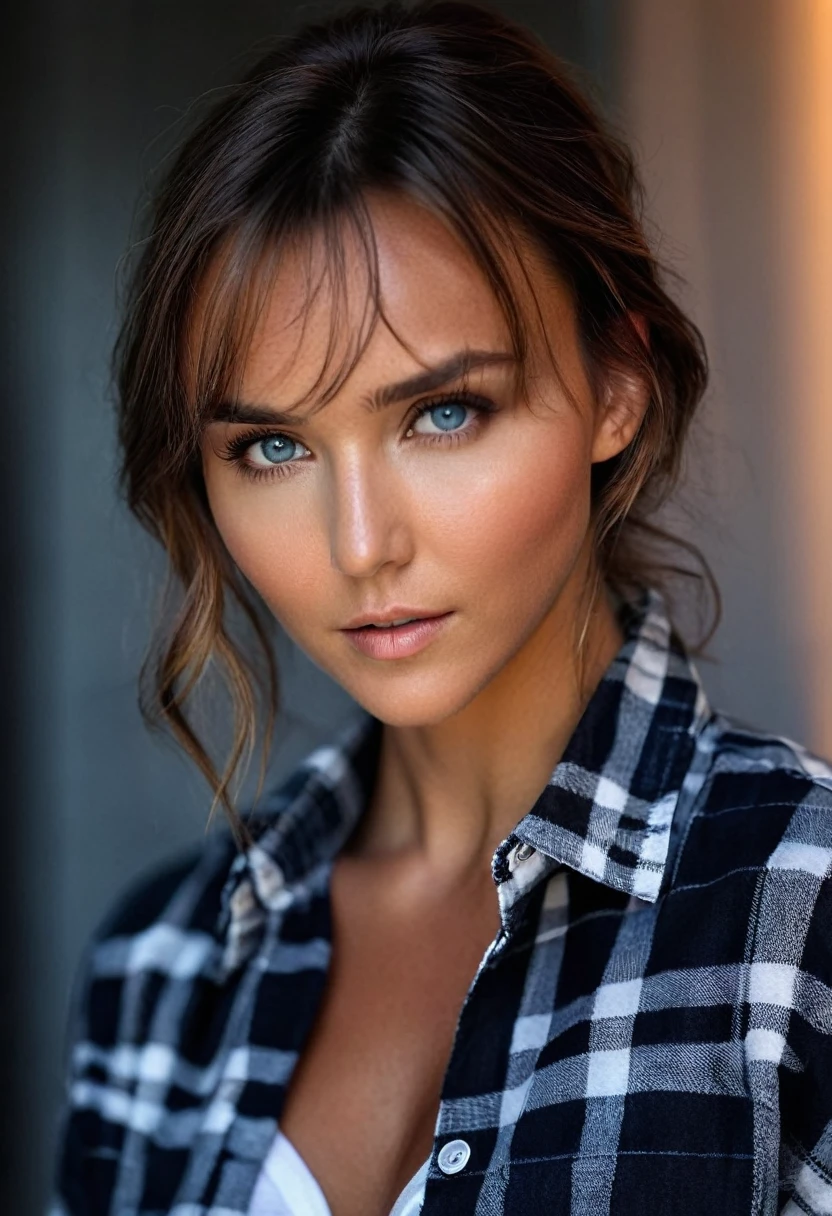 rachel_cook, woman, ((portrait, open flannel shirt , cleavage, medium brests, black pants)), gym, ((detailed skin texture,dark night, midnight)), ((sharp face, detailed face, realistic face, natural skin, realistic skin, detailed skin, pores, detailed eyes,realistic eyes, light blue eyes)),, (masterpiece, best quality, ultra-detailed, best shadow), high contrast, (best illumination), ((cinematic light)), colorful, hyper detail, dramatic light, intricate details, (1 girl, solo) , ultra detailed artistic photography, dreamy, backlit, shadows, ultra high definition, 8k, ultra sharp focus, ultra high quality model, soft lighting, film photography, analogue photography, hyperrealism,